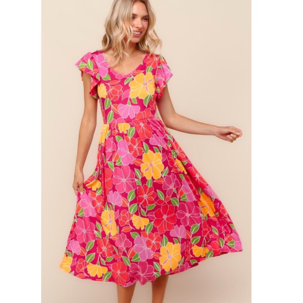 Fuchsia/Yellow Floral Midi Dress with Folded Ruffle & Pockets